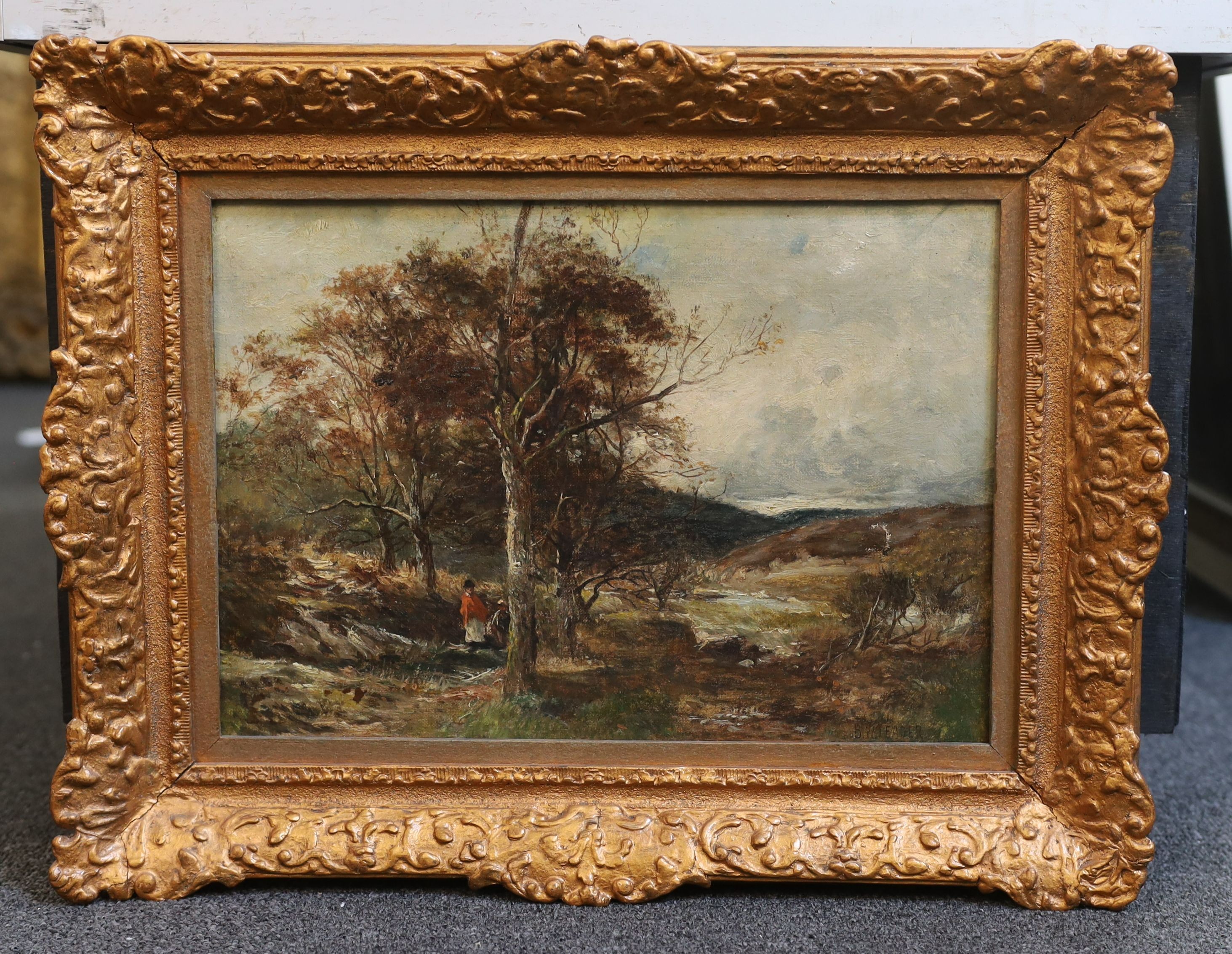Benjamin Williams Leader (1831–1923), Travellers in a stormy landscape, oil on canvas, 24 x 34cm